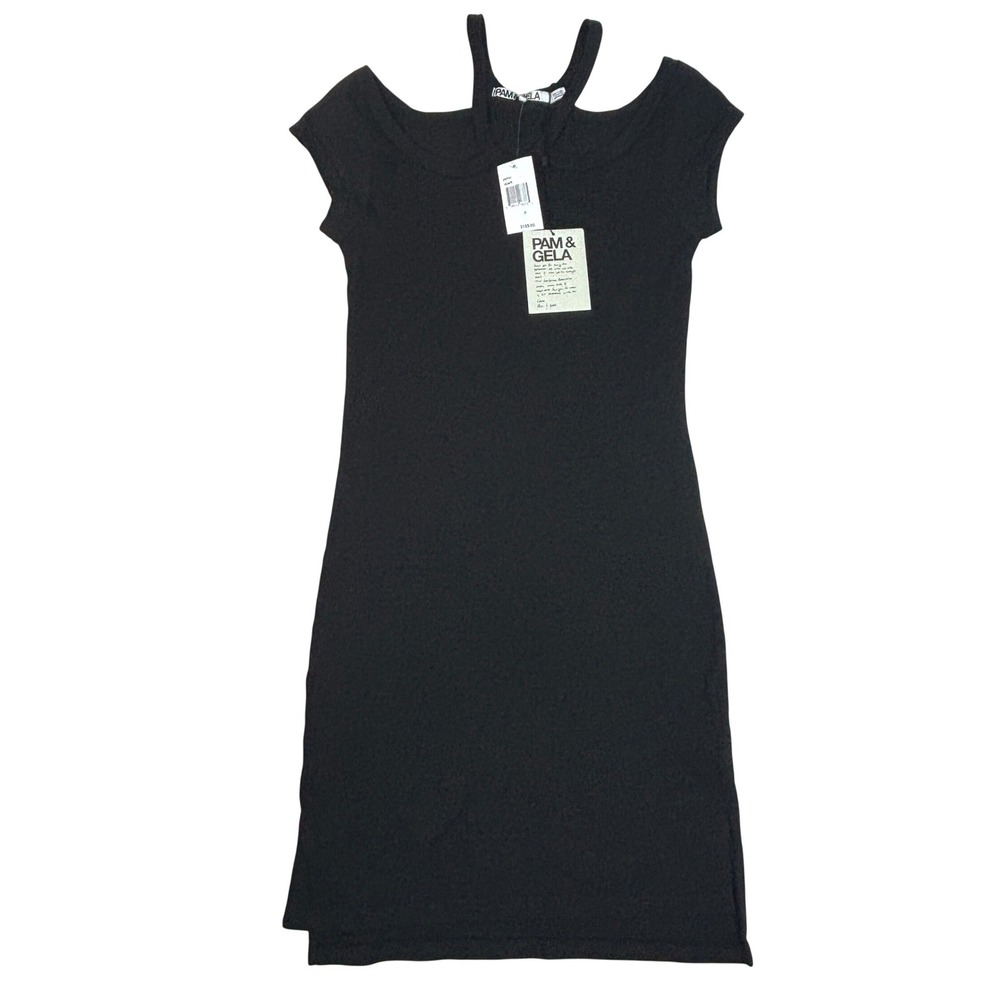 Pam & Gela Black Cold Shoulder T-Shirt Dress Double Strap Cotton Sz P (XS) $155